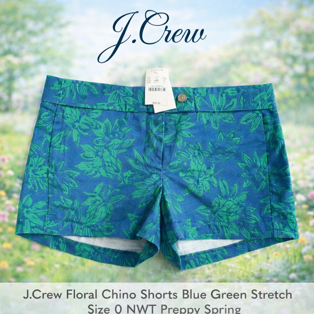 J.Crew Floral Chino Shorts Blue Green Stretch Size 0 NWT Preppy Spring